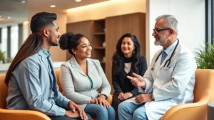 Professional healthcare consultation scene with diverse patients and doctor in modern medical office discussing treatment options and outcomes, warm lighting, genuine engagement and trust building visible