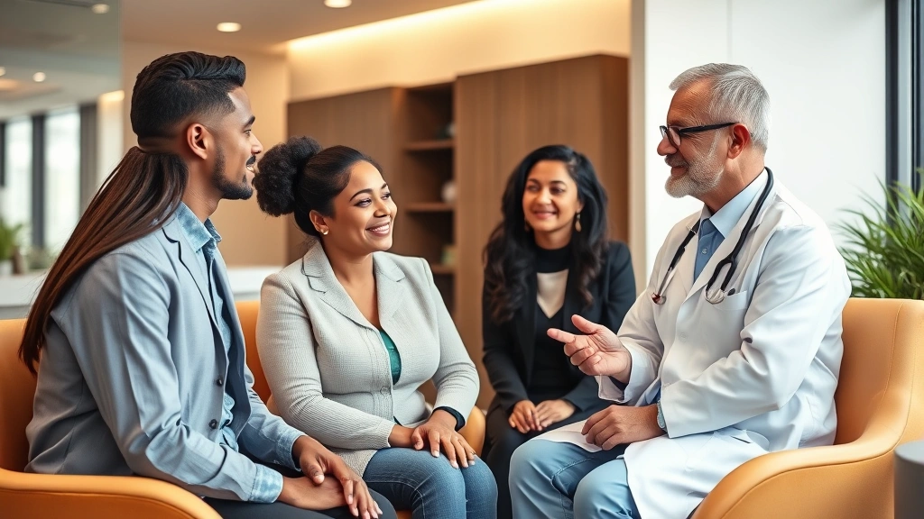 Professional healthcare consultation scene with diverse patients and doctor in modern medical office discussing treatment options and outcomes, warm lighting, genuine engagement and trust building visible