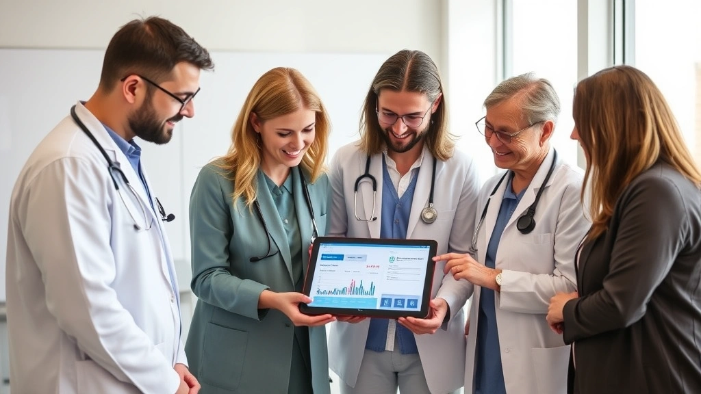 Diverse group of healthcare professionals and patients collaborating around tablet showing health data and feedback, modern clinic setting, emphasizing transparency and shared decision-making