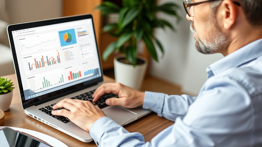 Person reviewing healthcare information on laptop with charts and wellness data visible, home office environment, thoughtful expression, representing informed healthcare decision-making and financial planning