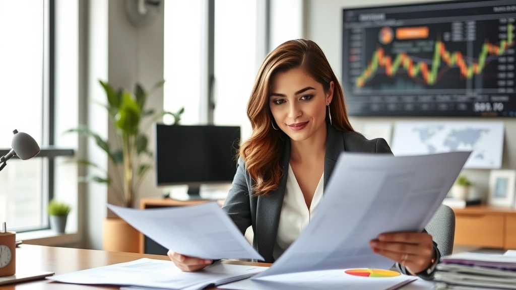 Professional woman at desk reviewing financial documents and investment charts, modern office setting, confident expression, natural lighting, wealth-building concept