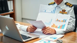 Professional military officer in dress uniform reviewing financial documents and investment portfolio charts at an office desk with laptop and calculator