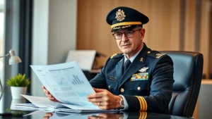 Professional military officer in dress uniform sitting at modern desk reviewing financial documents and investment portfolio statements with confident expression, natural office lighting