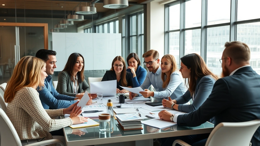 Diverse group of professionals in business casual attire discussing financial planning around a conference table, collaborative atmosphere, modern boardroom, prosperity theme