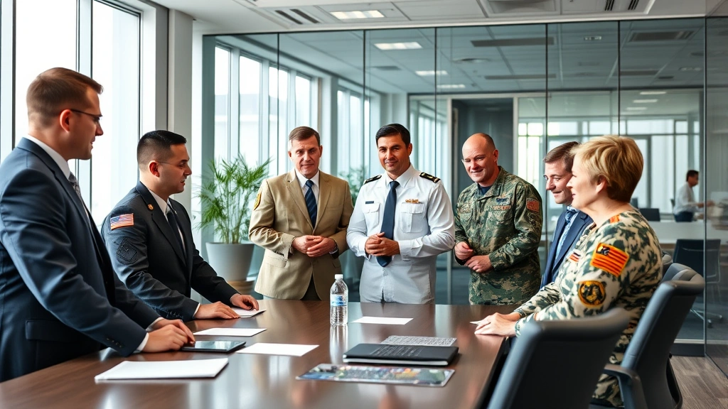 Diverse group of military service members in civilian business attire discussing financial planning and retirement strategies in a modern office conference room