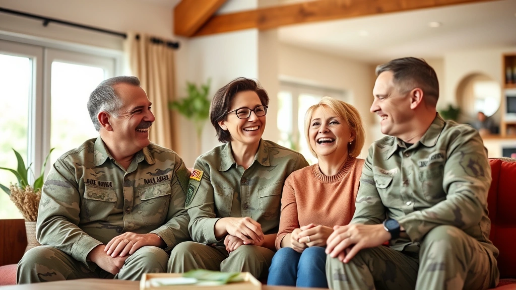 Multi-generational military family laughing together in comfortable home living room, displaying happiness and financial security, warm natural lighting through windows