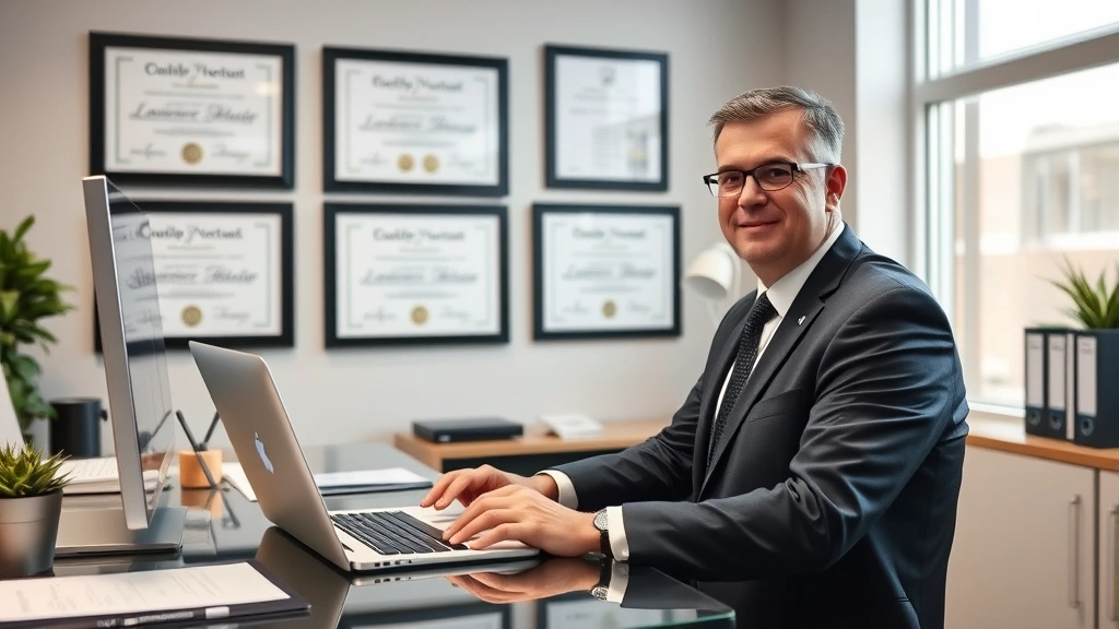 Successful military veteran business owner working at desk in professional office space with certifications displayed, representing entrepreneurship and wealth building
