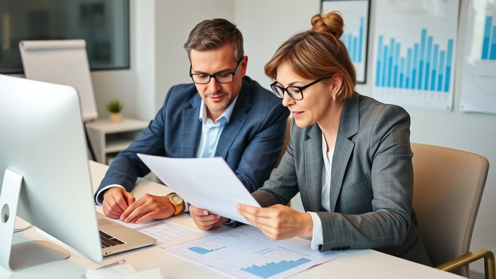 Experienced financial advisor and service member reviewing retirement planning documents together at professional desk with charts and graphs visible, collaborative meeting atmosphere