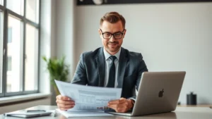 Professional investor reviewing property documents in modern office with laptop, natural light, confident expression, wealth management setting