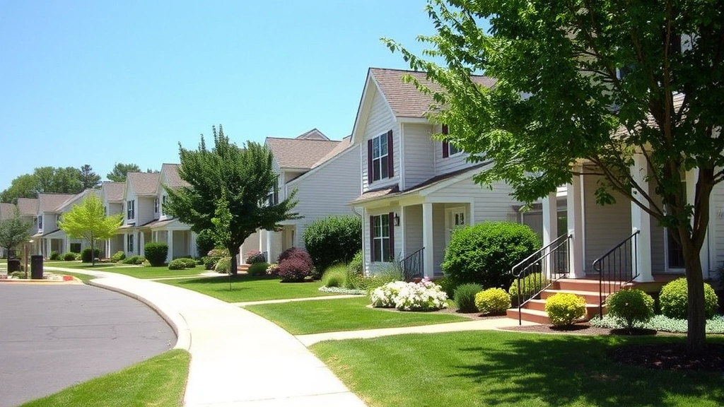 Residential rental properties in established neighborhood showing well-maintained homes with landscaping, sunny day, appealing curb appeal