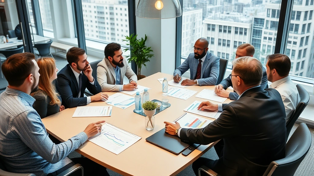 Diverse group of real estate investors meeting around conference table discussing market analysis and investment strategy, collaborative environment