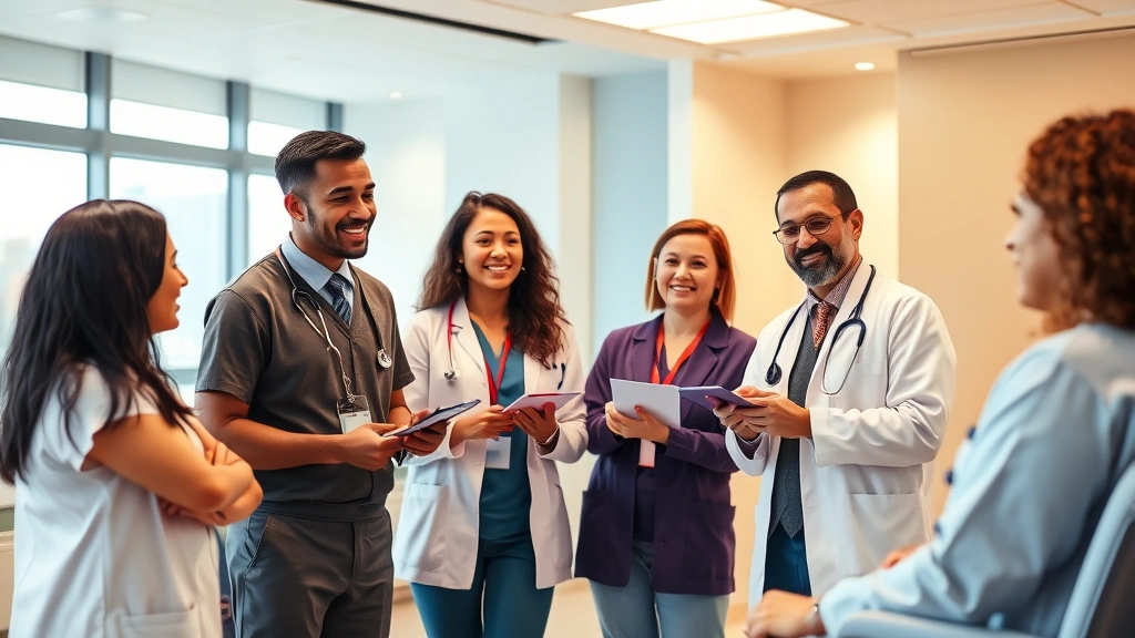 Professional diverse healthcare team in modern clinic setting discussing patient care with warm lighting and welcoming atmosphere, no text or charts visible