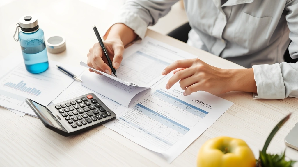 Person reviewing financial documents and insurance paperwork at desk with calculator and healthy lifestyle items like water bottle and fruits nearby