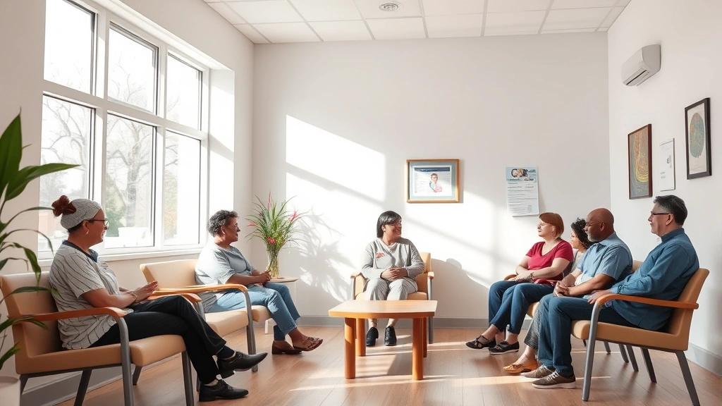 Community health center waiting room with comfortable seating, diverse patients, natural lighting through windows, peaceful and professional environment