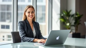 Professional woman in business attire sitting at modern desk with laptop, smiling confidently, bright natural lighting from large window, modern office environment, healthy and energetic appearance