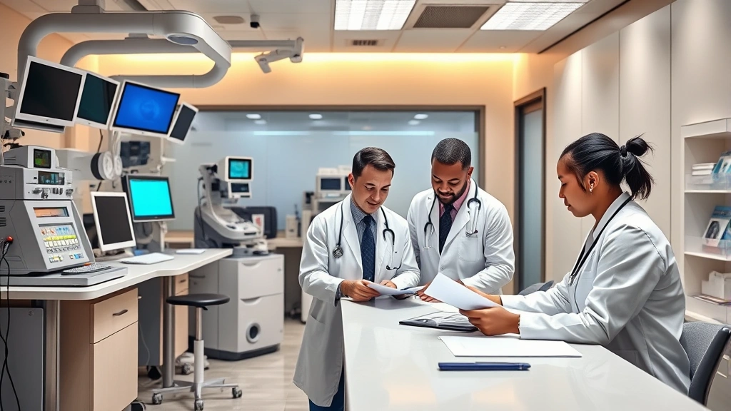 Professional healthcare clinic interior with modern equipment, warm lighting, diverse medical staff reviewing patient files at clean desk, contemporary office environment suggesting wealth and stability