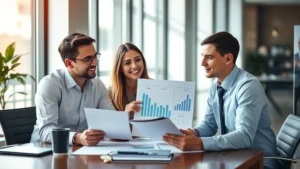 Professional financial advisor meeting with young couple at modern office desk, reviewing investment portfolio documents and retirement planning charts, warm natural lighting, focused expressions