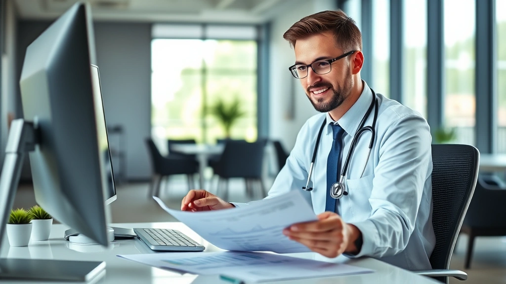 Professional healthcare worker in modern clinic environment reviewing financial documents and investment portfolio on computer, confident expression, natural lighting, modern office setting