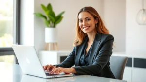 Professional woman in business attire sitting at modern desk with laptop, radiating confidence and vitality, bright natural light from window, clean minimalist office environment, focused and energized expression