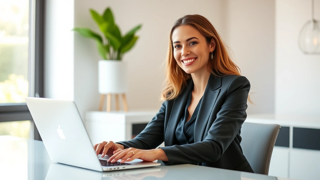 Professional woman in business attire sitting at modern desk with laptop, radiating confidence and vitality, bright natural light from window, clean minimalist office environment, focused and energized expression
