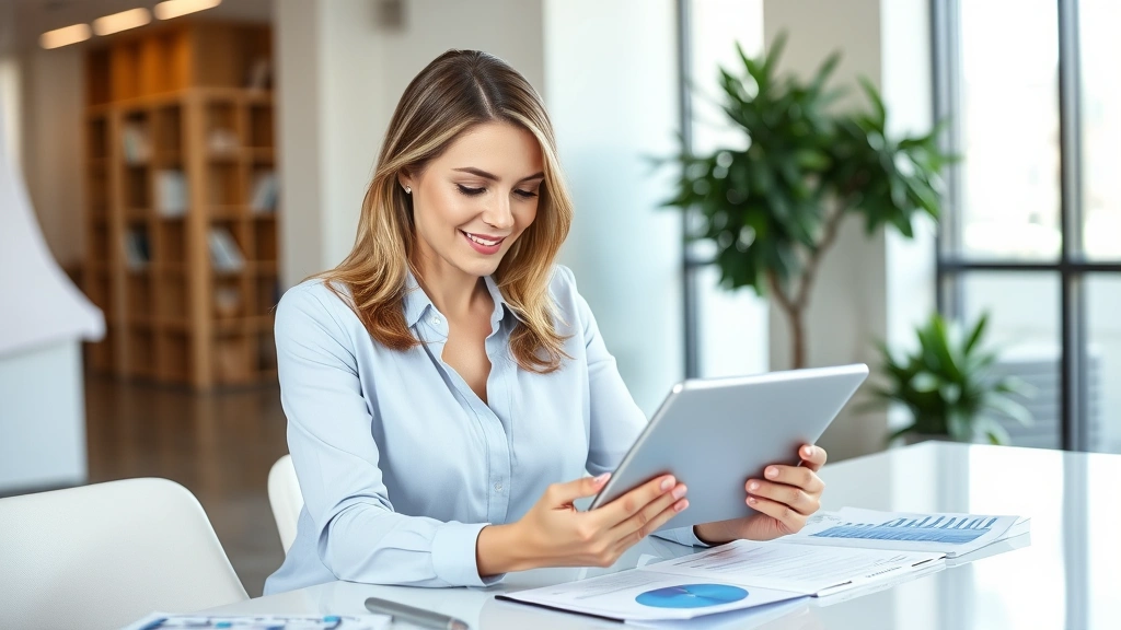 Professional woman reviewing investment portfolio on tablet in modern office environment, confident expression, organized workspace with financial documents