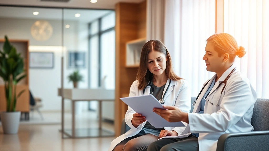 Professional healthcare consultation in modern clinic setting, patient and physician reviewing health records, warm lighting, welcoming environment, no charts or text visible