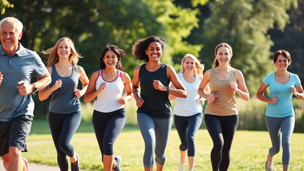 Group of diverse people exercising together outdoors in park setting, jogging and stretching, morning sunlight, happy expressions, wellness and vitality, natural green background