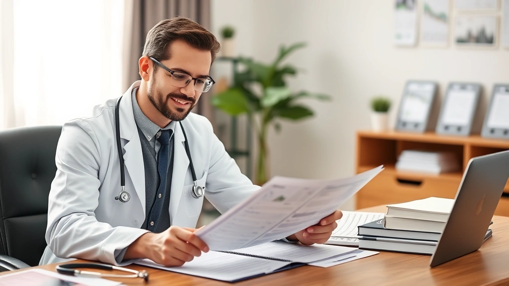 Successful healthcare professional in white coat reviewing financial documents and investment portfolio at organized desk, stethoscope nearby, confident expression, home office or clinic setting