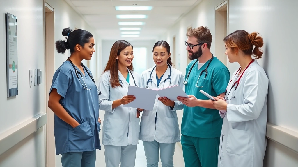 Diverse group of healthcare professionals in medical uniforms collaborating in modern clinic hallway, reviewing patient charts and discussing treatment plans, bright clinical setting