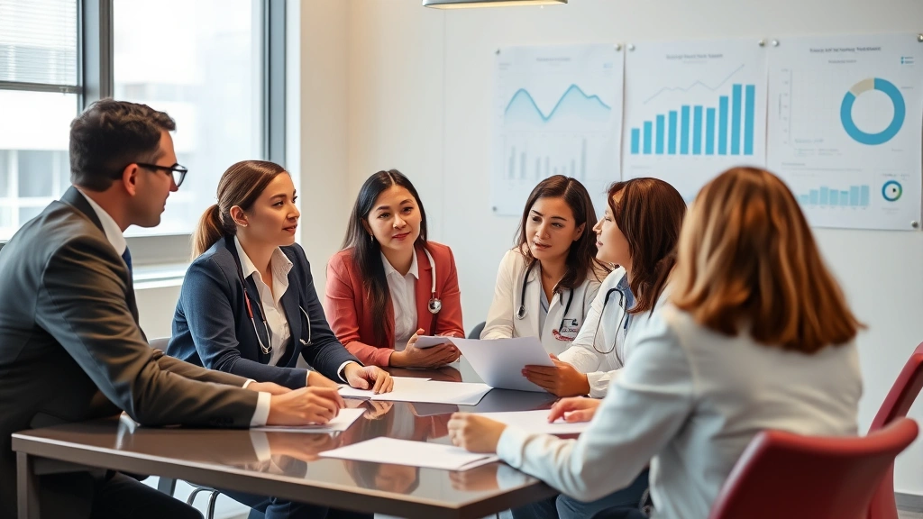 Diverse healthcare professionals in collaborative meeting discussing business strategy and financial planning, modern conference room, charts and graphs visible on wall, professional attire