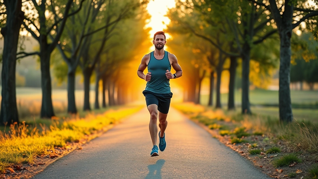 Fit person jogging outdoors on tree-lined path during golden hour, athletic wear, strong posture, natural landscape background, embodying health and vitality, peaceful serene expression
