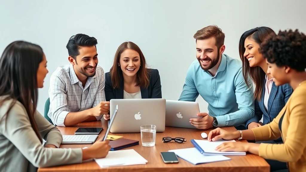 Diverse group of young professionals in casual business attire discussing financial goals around a table with laptops and notebooks, collaborative atmosphere