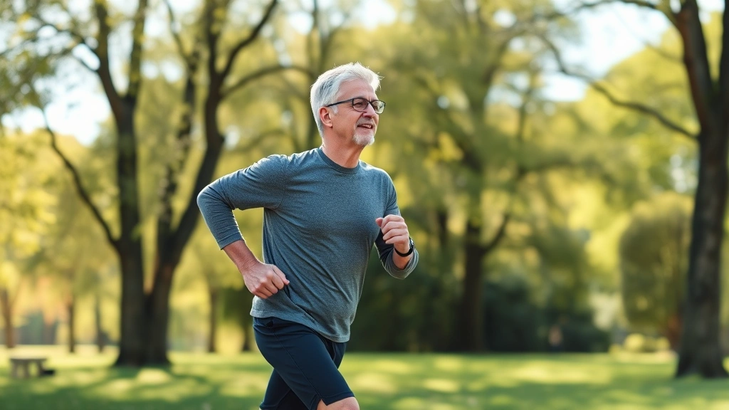 Active middle-aged person exercising outdoors in natural setting, jogging through park with trees and sunshine, healthy posture and energetic movement, peaceful background