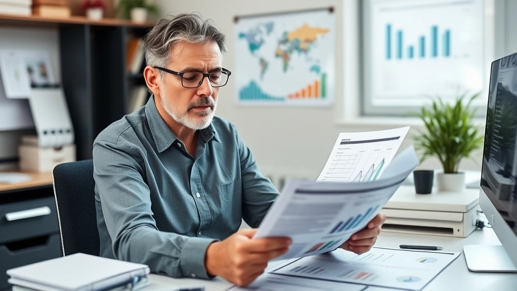 Middle-aged professional at desk reviewing health documents and financial reports together, focused expression, organized workspace with charts and wellness tracker, balanced approach to health and finances