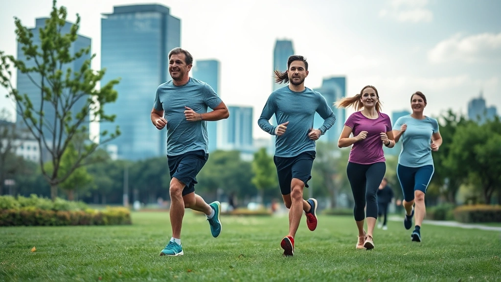 Active healthy lifestyle scene showing diverse professionals exercising together outdoors, jogging in park with modern city skyline, vibrant wellness atmosphere suggesting energy and longevity