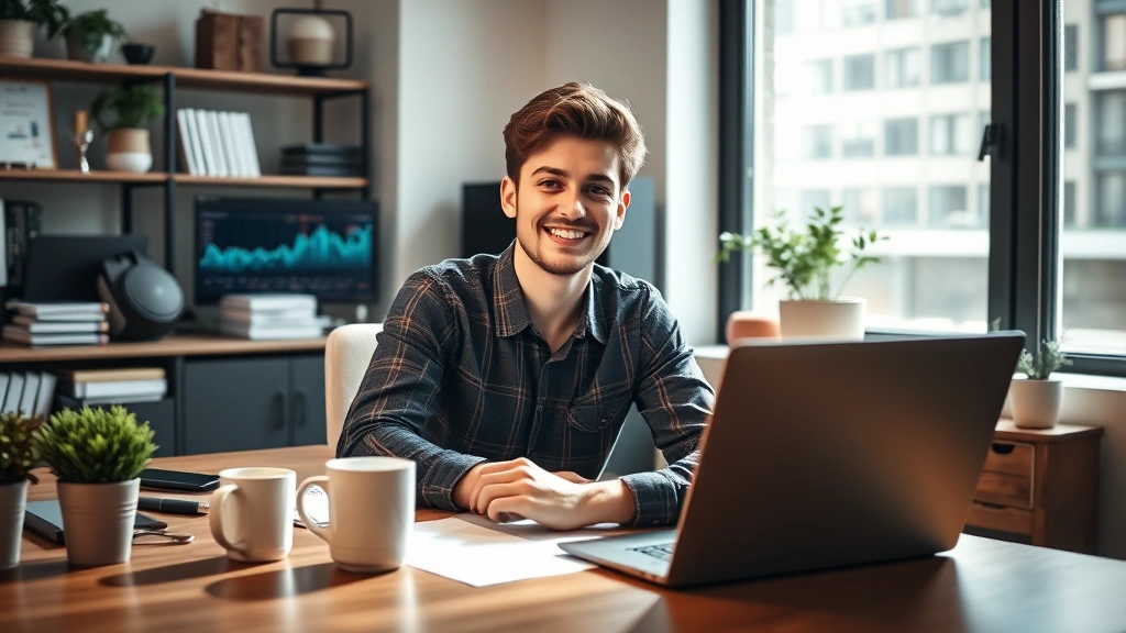 Millennial professional working at desk with laptop showing investment dashboard, coffee cup, organized workspace, natural window light streaming in, confident expression while reviewing wealth building progress