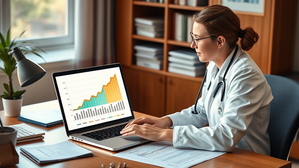 Healthcare professional at desk with laptop showing investment growth chart, retirement planning documents, and financial planning materials, warm natural lighting, successful atmosphere