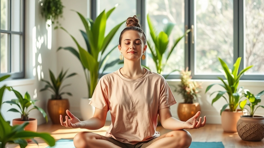 Person meditating in calm wellness space with natural light, indoor plants, comfortable seating, peaceful facial expression, embodying stress relief and mental clarity, wellness sanctuary aesthetic