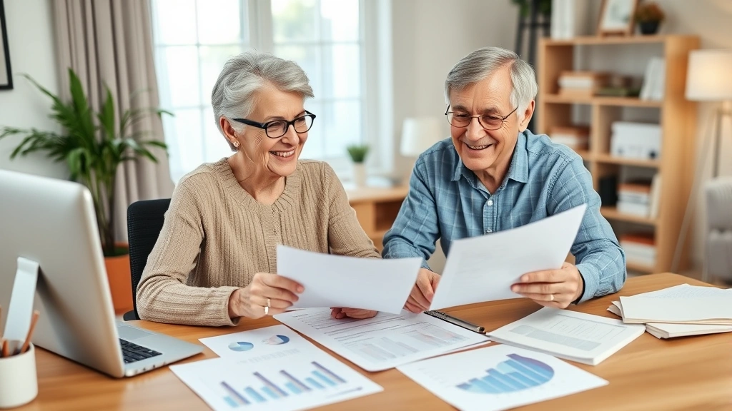 Mature couple reviewing retirement planning documents together at home office desk, smiling, relaxed environment with charts and planning materials visible