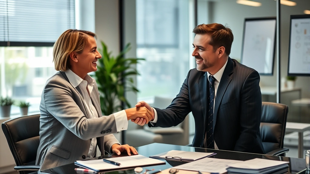 Financial advisor and client in professional office discussing investment strategy, handshake or collaborative gesture, organized desk with planning materials, confident and optimistic expressions