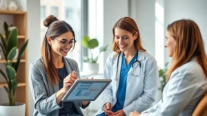 Professional woman in modern wellness clinic reviewing personalized health data on tablet with functional medicine practitioner, natural lighting, calm clinical environment