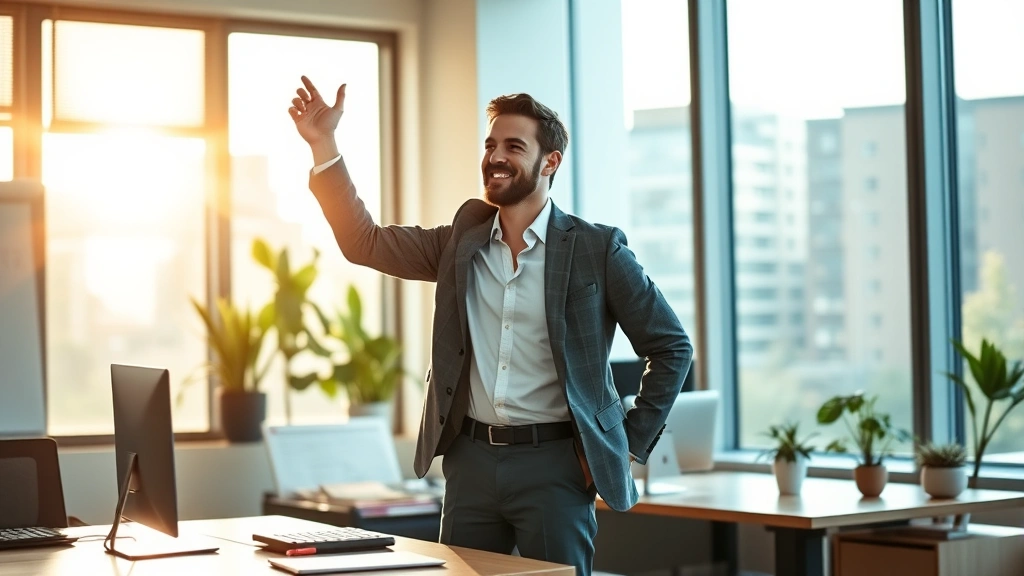 Successful entrepreneur at standing desk with vibrant energy, morning sunlight through office windows, displaying optimal health and productivity, professional setting