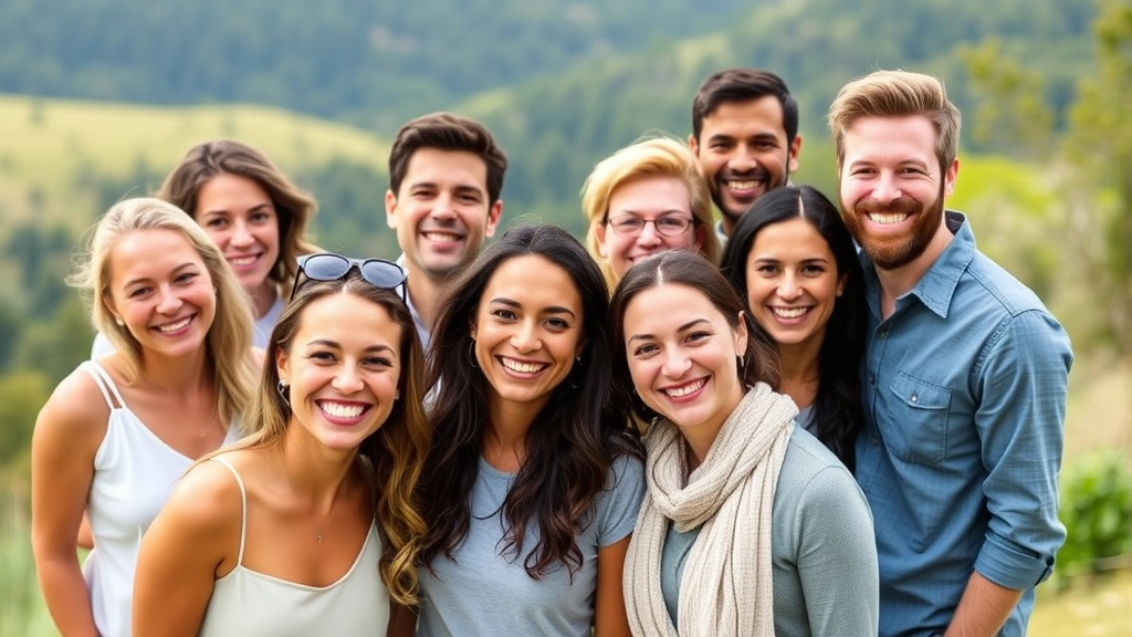 Diverse group of healthy professionals at outdoor wellness retreat, genuine smiling faces, natural landscape background, representing wealth and vitality