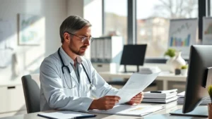 Professional healthcare worker in modern medical office reviewing financial documents and retirement plans at desk, natural lighting, focused expression, financial charts visible
