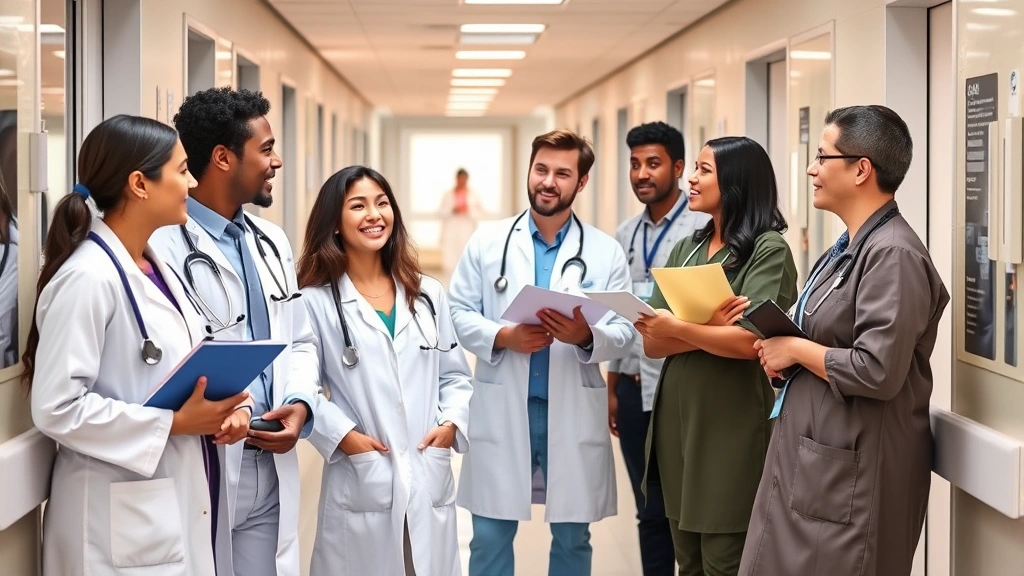 Diverse healthcare professionals in hospital corridor discussing career advancement and compensation packages, modern healthcare facility background, collaborative atmosphere