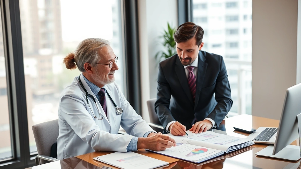 Healthcare professional meeting with financial advisor in modern office, reviewing investment portfolio and wealth strategy, professional attire, detailed financial documents on desk