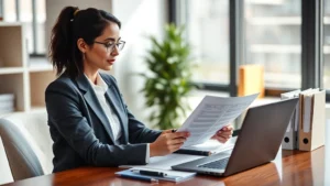 Professional woman in business attire reviewing healthcare documents at modern desk with laptop, natural lighting, confident expression, organized workspace with medical folders