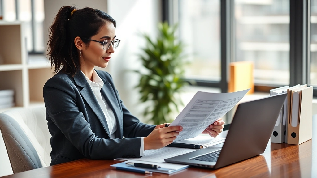 Professional woman in business attire reviewing healthcare documents at modern desk with laptop, natural lighting, confident expression, organized workspace with medical folders