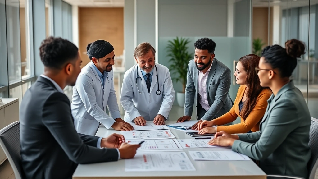 Group of diverse professionals in contemporary office setting collaborating around conference table with healthcare charts and documents, natural daylight, positive teamwork atmosphere