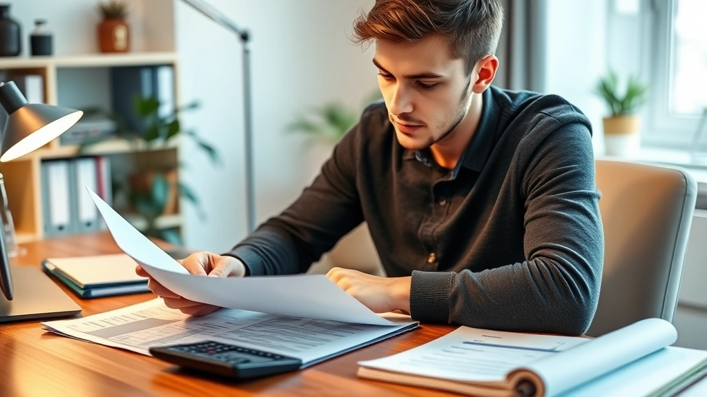 Young professional reviewing financial planning documents and insurance policies at home office desk with calculator and notebook, warm lighting, focused concentration